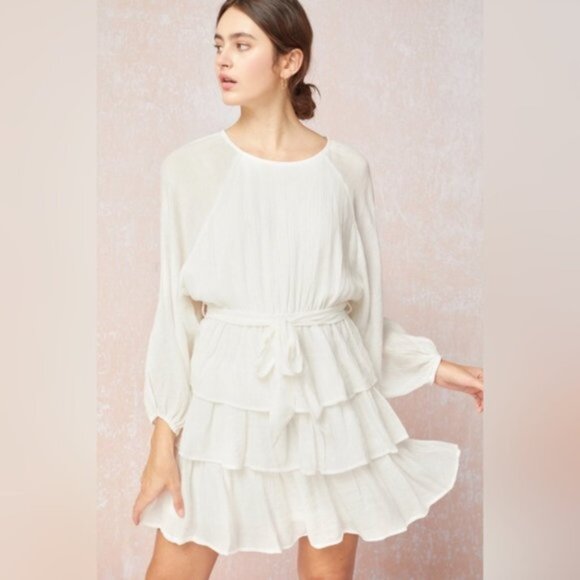 Entro | Elizabeth Tiered Puff Bubble Sleeve Dress White Layered Bohemian Small - Picture 6 of 15